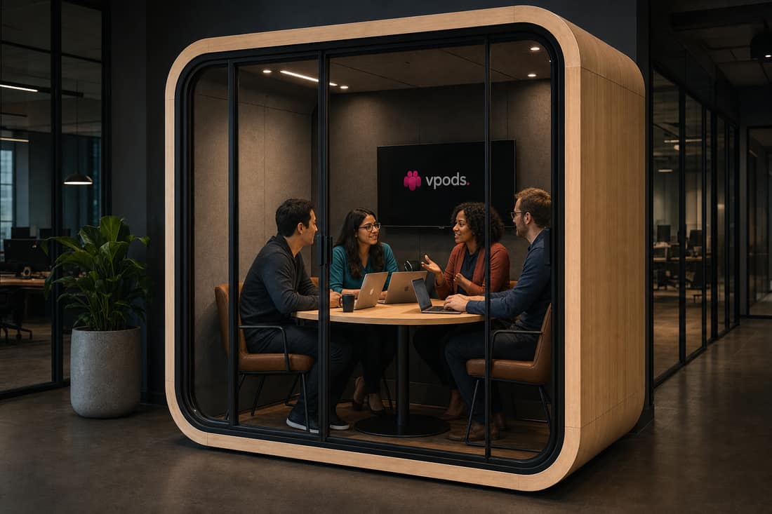 A software team collaborating inside a glass meeting pod, laptops open around a round table