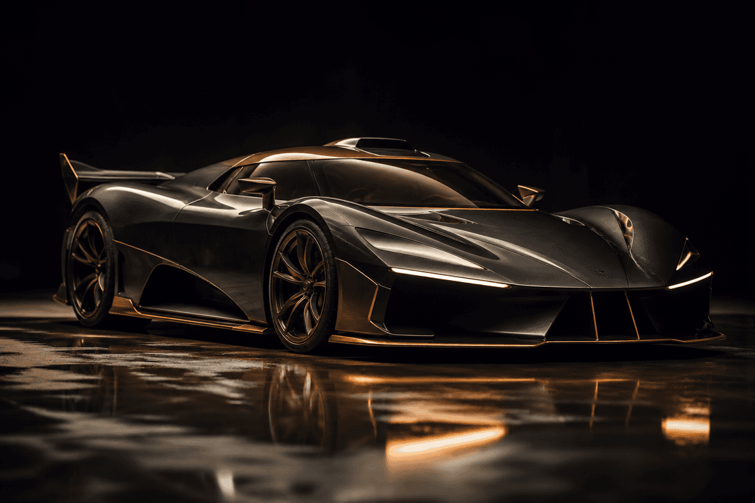 Graphite and bronze hypercar in a black soundstage