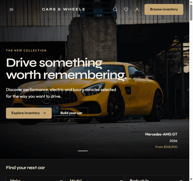 Cars & Wheels hero — Mercedes-AMG GT against industrial backdrop