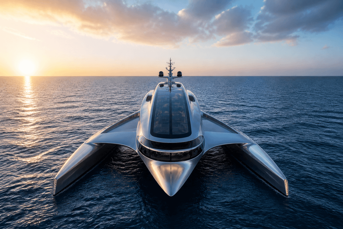 Silver trimaran on a steel-blue Atlantic horizon
