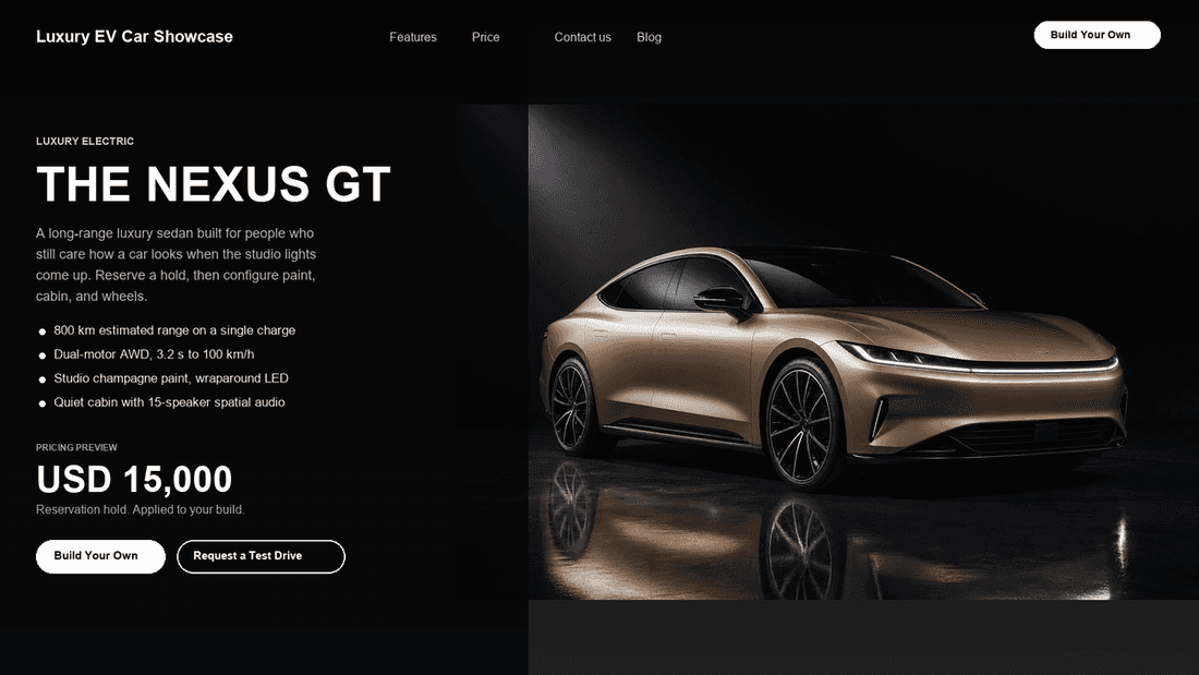 Nexus GT landing page preview with navigation, copy, and configurator