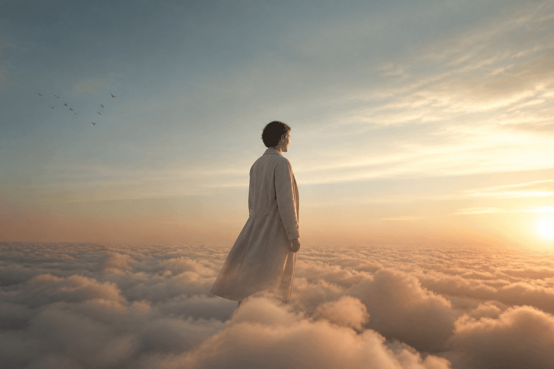 Figure in a linen flight coat standing on sunrise cloud
