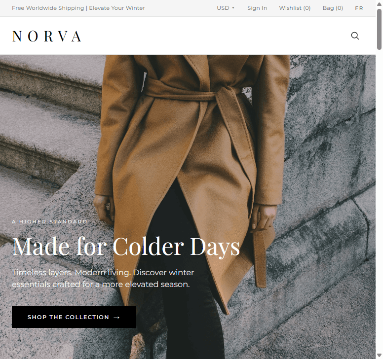 NORVA hero — wrap coat editorial with Made for Colder Days