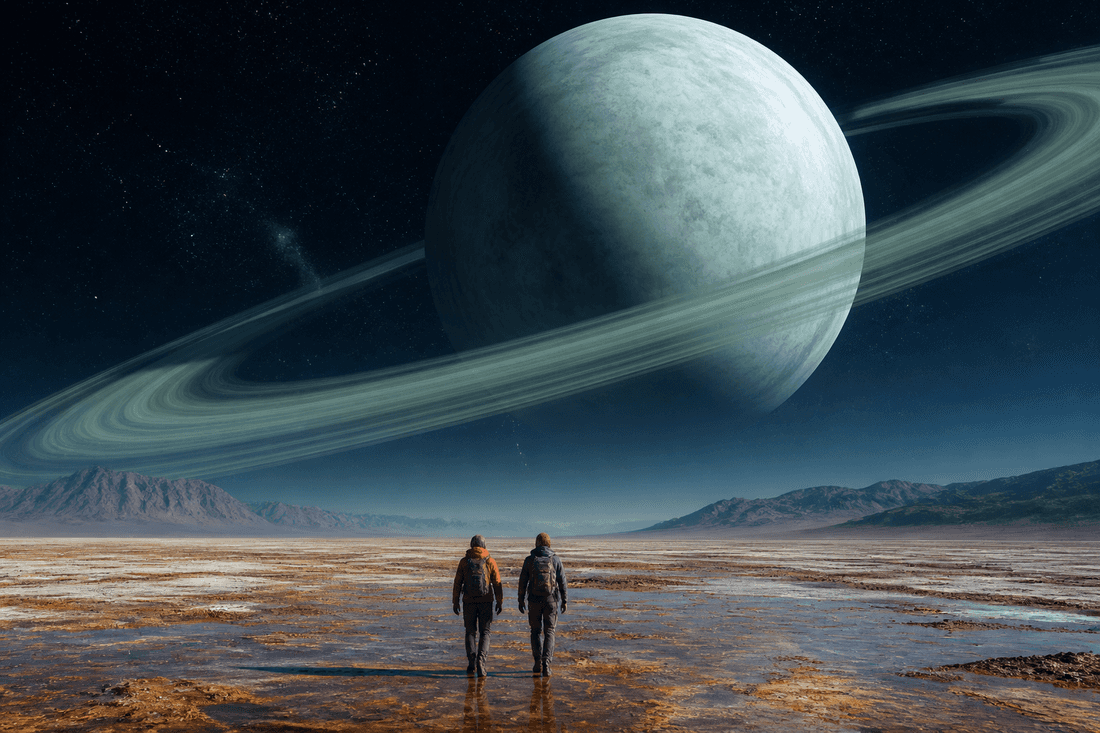 Two figures on salt flats beneath a ringed ice planet